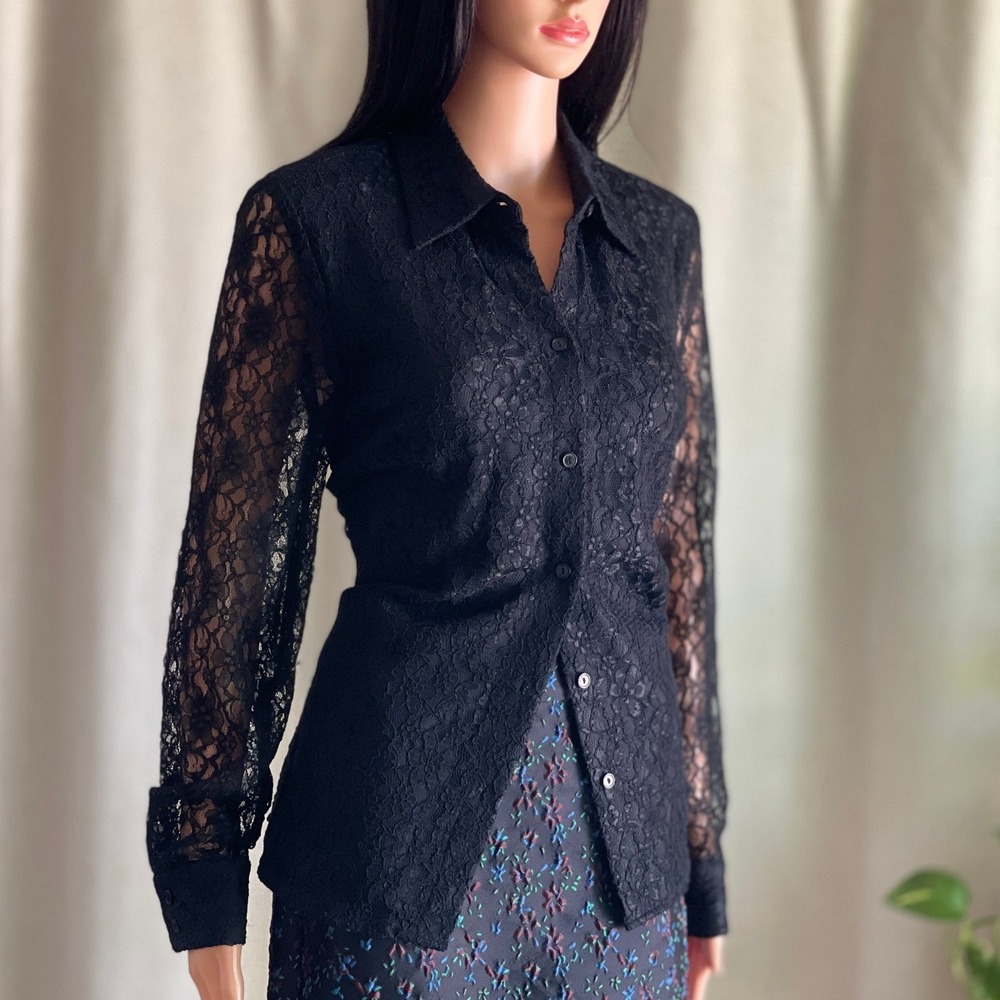 Vtg‎ 90s Spenser Jeremy Black Lace Button Down Shirt Sheer Whimsigoth Gothic 10